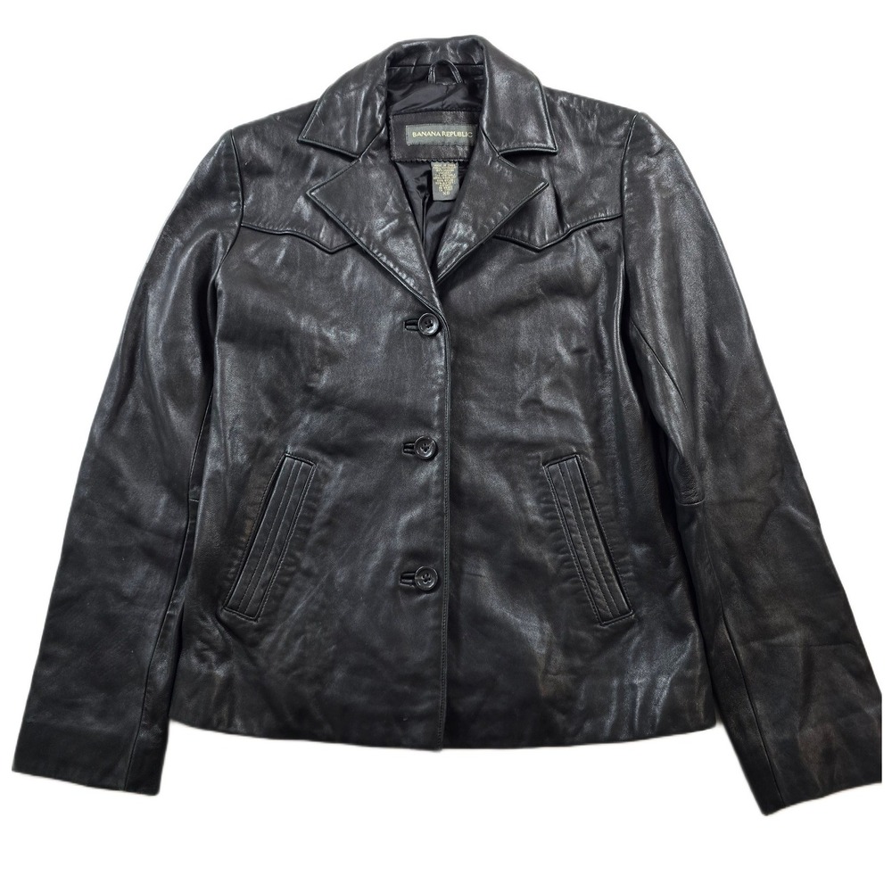 Banana Republic Leather Jacket Womens XS Black Genuine Leather Western Yoke Coat